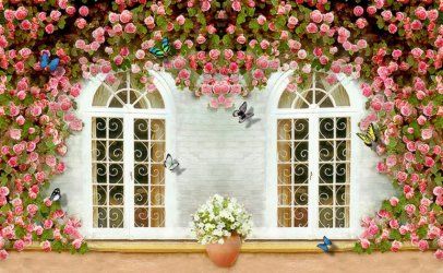 фотообои Окна в розовом саду
