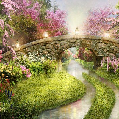 фотообои Мост в весеннем саду